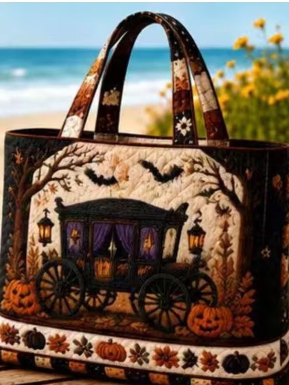 Quilted Halloween Carriage Tote Bag in Brown and Cream